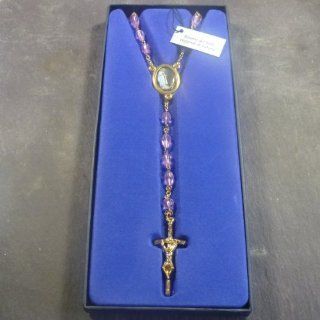 Our Lady of Fatima purple glass teardrop rosary beads gold tone chain 79   Collectible Figurines