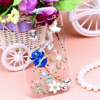 Shining Gold 3D Handmade Bling Transparent Crystal Case With One Blue Rose For Samsung Galaxy S3 I9300 Cell Phones & Accessories