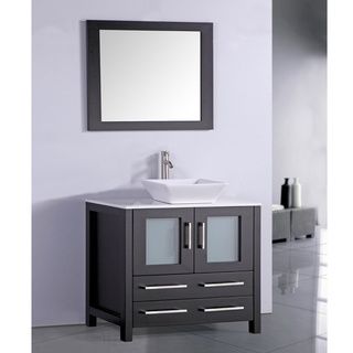 Legion Furniture White Artificial Stone Top 36 inch Vessel Sink Espresso Bathroom Vanity And Matching Framed Mirror Espresso Size Single Vanities