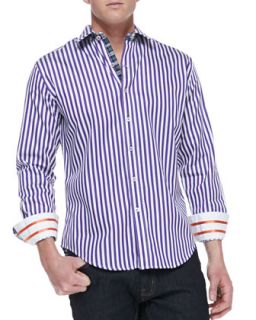 Mens Pietro Striped Button Down Shirt with Patterned Lining, Purple/White  