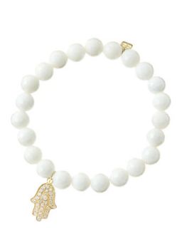 8mm Faceted White Agate Beaded Bracelet with 14k Yellow Gold/Diamond Medium