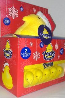 Peeps & Company Christmas Holiday Gift Set With Stuffed Chick Peep Wearing Santa Hat & Peeps Chicks Marshmallows (Red Santa Hat & Yellow Peeps)  Stocking Stuffers  Grocery & Gourmet Food
