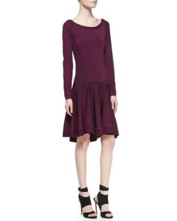 Womens Long Sleeve Fit and Flare Dress with Dropped Waist, Berry   Donna Karan