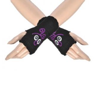 Women Cartoon Printed Thumb Hole Detail Elastic Knit Gloves Black