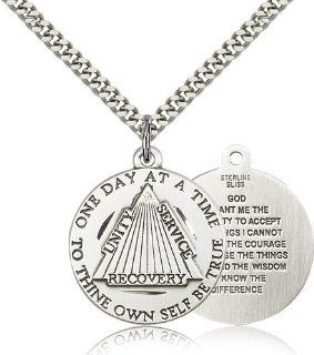 Large Detailed Men's .925 Sterling Silver Recovery Medal Pendant 1 x 7/8 Inches  6086  Comes with a Stainless Silver Heavy Curb Chain Neckace And a Black velvet Box Pendant Necklaces Jewelry