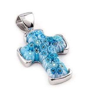 925 Silver Lt Blue Murano Millefiori Glass Cross Pendant Jewelry