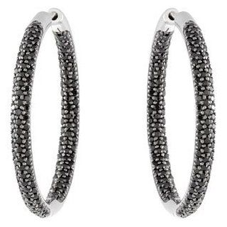 925 Sterling Silver Gen Black Spinel Hoop Earrings GoldenMine Jewelry