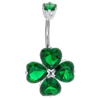 Green CZ Clover Sterling Silver Belly Ring Body Piercing Rings Jewelry