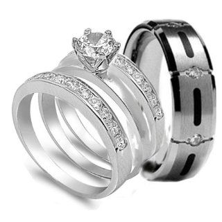 4 pcs His & Hers, STAINLESS STEEL & TITANIUM Matching Engagement Wedding Rings Set. AVAILABLE SIZES men's 7, 8, 9, 10, 11, 12, 13; women's set 5, 6, 7, 8, 9, 10. EMAIL US SIZES THAT YOU NEED Titanium Wedding Band Sets His And Hers Jewelr