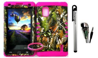 AT&T LG Optimus G E970 Hybrid 2 in 1 Green leaf Mossy Camo Hunter Series Plastic Snap On + Pink Silicone Kickstand Cover Case (Stylus Pen,Camo Earpiece & Wireless Fones' Wristband included) Cell Phones & Accessories