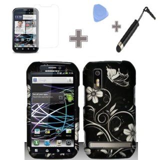 (4 Items Combo  Case   Screen Protector Film   Case Opener   Stylus Pen) Rubberized Black Silver Vine Flower Butterfly Snap on Design Case Hard Case Skin Cover Faceplate for Motorola Photon 4G MB855 Cell Phones & Accessories
