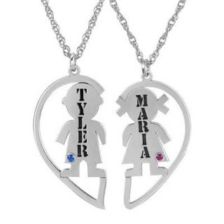 Couples Boy and Girl Heart Simulated Birthstone Pendants in Sterling