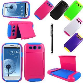 For Samsung Galaxy S3 S 3 III i9300 TopOnDeal TM Pink and Blue Hybrid ID and Credit Card Holder With Stand Hard and Soft Case Cover+Stylus Touch Pen (Pink and Blue) Cell Phones & Accessories