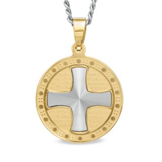 Mens Spanish Lords Prayer Round Cross Pendant in Two tone Stainless