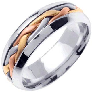 14K Tri Color Gold Women's Braided French Braid Wedding Band (7mm) Jewelry