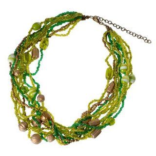 Emerald and Bronze Colored Multistrand Beaded Collar Necklace Jewelry
