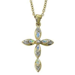 14k Gold Plating Over Sterling Silver 1" Cross Necklace w/ Opal Stones and Cubic Zirconia Stones on 18" Chain Jewelry
