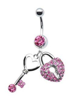 Pretty Pink Heart lock & Key to your heart dangle Belly navel Ring piercing bar body jewelry 14g Jewelry