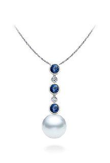 PremiumPearl 11 12mm White South Sea Pearl Pendant AAA Quality 14k Gold with Diamonds and Sapphires Jewelry