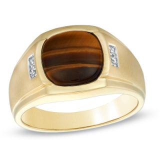 Mens Cushion Cut Tigers Eye and Diamond Accent Ring in 10K Gold