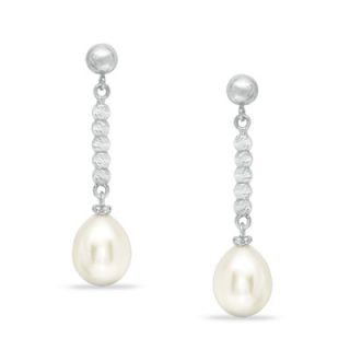 5mm Cultured Freshwater Pearl and Diamond Cut Bead Drop Earrings