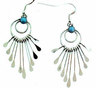 By Navajo Artist Paulene Armstrong Sterling silver contemporary earrings made with a 4MM Turquoise stone and eleven Silver paddles Dangle Earrings Jewelry