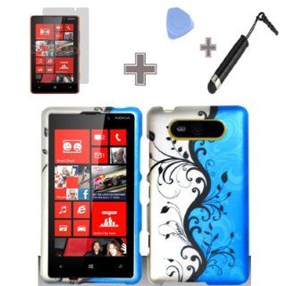 Rubberized Blue Black Silver Vine Flower Snap on Design Case Hard Case Skin Cover Faceplate with Screen Protector, Case Opener and Stylus Pen for Nokia Lumia 820   AT&T Cell Phones & Accessories