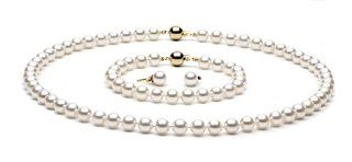 AAA Quality, 7.0 7.5 mm, White Akoya Pearl Set, 16 inch Necklace, 7.5 inch Bracelet, Earrings, 14k White Gold Jewelry