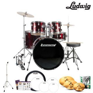 Ludwig Accent Fuse 5 Pc Drum Set (LC1704) Wine Red Sparkle with Hardware, Throne, Zildjian ZBT Cymbals, Sticks & Drumheads Musical Instruments