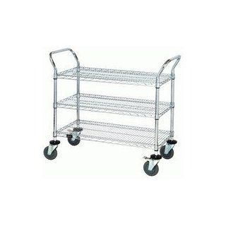 Quantum Storage Systems WRC 2442 3 3 Tier Wire Utility Cart with 3 Wire Shelves, Chrome Finish, 37 1/2" Height x 42" Width x 24" Depth