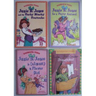 Lot of 4 Junie B. Jones Paperbacks by Barbara Park (Yucky Blucky Fruitcake, Almost a Flower Girl, Shipwrecked, Party Animal) Barbara Park Books