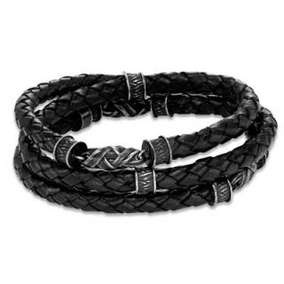 Triton Mens 7.5mm Black Leather and Stainless Steel Wrap Bracelet   9