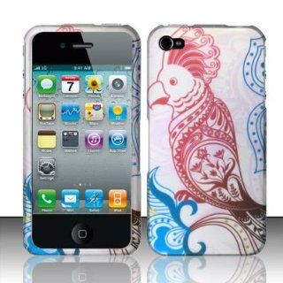 Rubberized phone case with a unique red bird design that has blue and light pink designs around it for the Apple Iphone 4/4S Cell Phones & Accessories