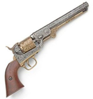 Civil War Model 1851 Naval Pistol with Engraved Silver Tone / Gold Tone Finish and Wooden Grips   Replica of Revolver Used by Both USA / Union and CSA / Confederate Forces   Detailed Metal Prop Gun  Hunting And Shooting Equipment  Sports & Outdoors