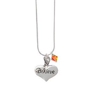 Large Believe with Ribbon Heart Fire Opal Swarovski Bicone Charm Necklace Pendant Necklaces Jewelry