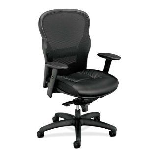 Basyx Products   High Back Chair, 27 5/8"x26 3/8"x46 1/2", Black   Sold as 1 EA   High back mesh chair is upholstered in leather and features mesh back for breathability. Functions include pneumatic seat height adjustment, 360 degree swivel,