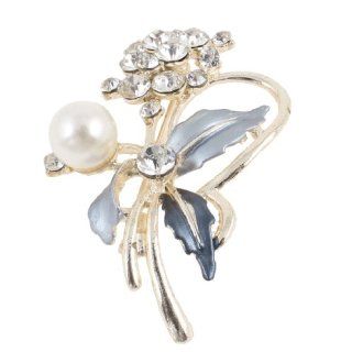Women Rhinestones Decor Leaves Breast Pin Brooch Steel Blue Gold Tone Jewelry