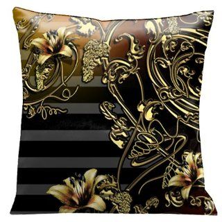 Lama Kasso Como Gardens Old Gold Iron Lace Work on a Striking Black and Soft Gray Striped Micro Suede 18 Inch Square Pillow, Design on Both Sides   Throw Pillows