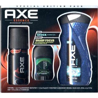 Axe Gift Set  1 Essence Deodorant Bodyspray 4 oz 1 Shock Shower Gel 12 oz 1 Sharp Focus Anti Perspirant Invisible Solid Deodorant .5 oz  Beauty