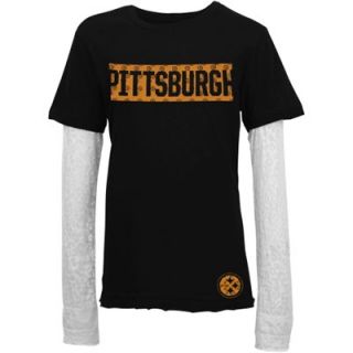 Pittsburgh Steelers Youth Girls Layered Long Sleeve T Shirt   Black