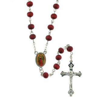 Rose Scented Rosary with Virgen de Guadalupe Centerpiece   Red 7mm Wood Beads, Comes in Guadalupe Rosary Case   20'' in Length Jewelry