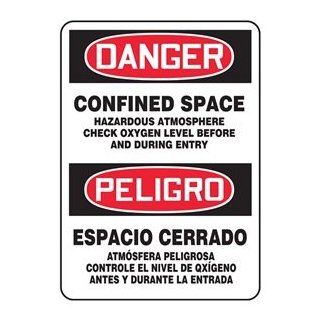 DANGER CONFINED SPACE HAZARDOUS ATMOSPHERE CHECK OXYGEN LEVEL BEFORE AND DURING ENTRY (BILINGUAL) 14" x 10" Adhesive Vinyl Sign