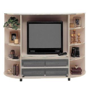 Entertainment Tv Stand in a Classy Champagne Finish   This Modern Tv Stand for a 36 Inch Tv with a Bookcase on Either Side and Media Storage Shelves Features Casters for Easy Moving. Champagne Wood Tv Stand Adds Real Style to Your Living Area.  