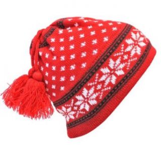 Luxury Divas Red Black & White Winter Print Wool Knit Beanie Hat With Tassels