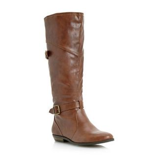 Head Over Heels by Dune Tan synthetic toto buckle trim knee high riding boots