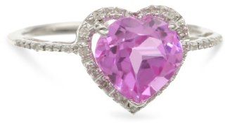 Sterling Silver Created Pink Sapphire Diamond Heart Ring (1/15 cttw, J K Color, I2 I3 Clarity), Size 5 Pink Saphire Heart Ring Jewelry