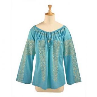 Turquoise Magyar Sleeves Gold Embroidery Cotton Peasant Blouse (Large Misses) Peasant Shirts