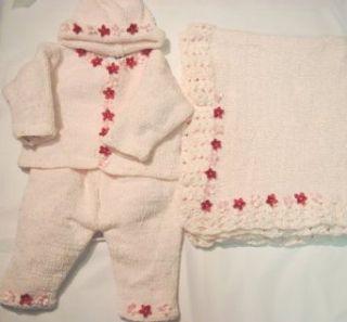 Hand Machine Knitted Finished with Hand Crochet Pink Chenille Infant Girls Cardigan Sweater Pant Hat Set with Satin Red and Pink Pearl Rosebuds and Matching Forty Five Inches Long Thirty Two Wide Blanket. (6 12mo) Infant And Toddler Pants Clothing Sets C