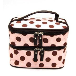 DEDC Double Layer Cosmetic Bag Pink with Coffee Dot Travel Toiletry Cosmetic Makeup Bag Organizer With Mirror  Make Up Bags  Beauty
