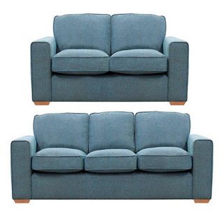 Set of large and small teal blue Winwood sofas with light wood feet